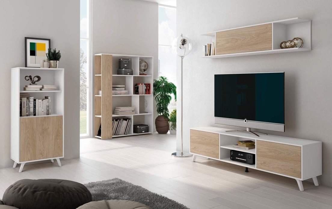 Sala d'estar amb mobles moderns i estanteries